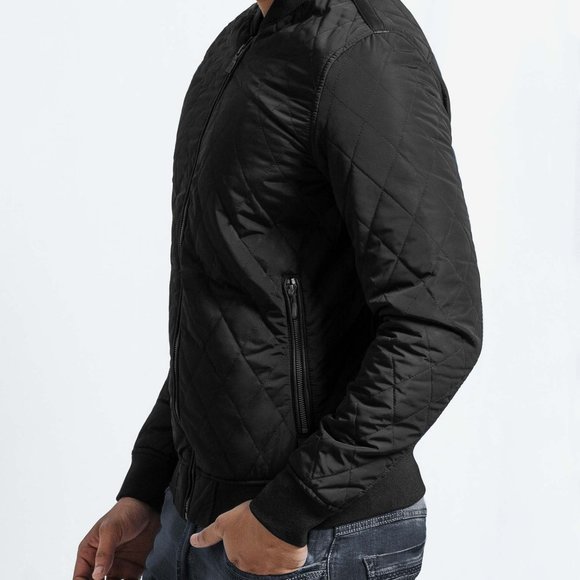 OLGYN Men Quilted Black Bomber Faux Leather Jacket - Picture 3 of 4